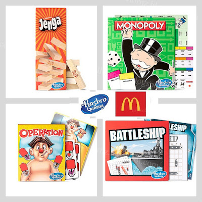 McDonalds Hasbro Mini Games Toys in Happy Meals 2022 closeup of monopoly, jenga, battleship and operation - australia and new zealand version