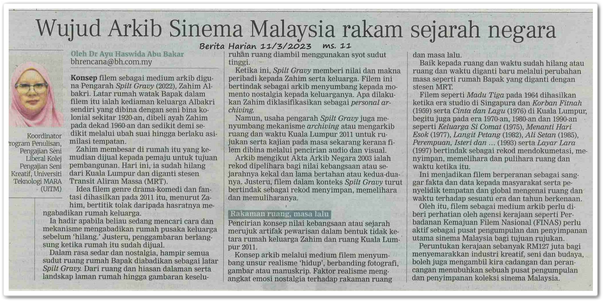 Wujud Arkib Sinema Malaysia rakam sejarah negara - Keratan akhbar Berita Harian 11 Mac 2023