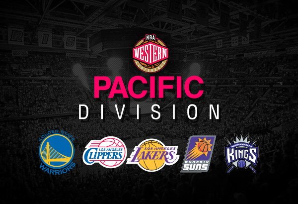 Les 5 différentes équipes de la division Pacifique de la conférence Ouest: Golden State Warriors, L.A Clippers, Los Angeles Lakers, Phoenix Suns, Sacramento Kings