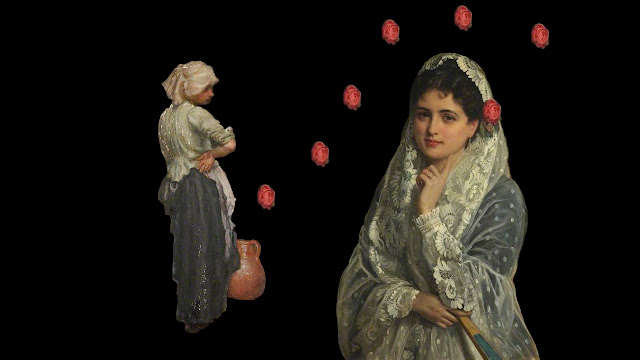 Two girls from different paintings, with a line of roses passing between them