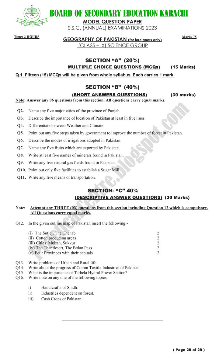 paper-pattern-class-9th-model-paper-for-annual-examinations-of-2023-science-group