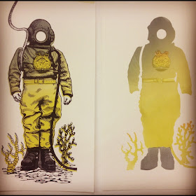 Linocut of Deep sea diver