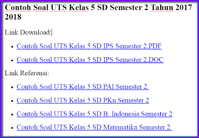 Contoh Soal UTS Kelas 5 SD Semester 2 Tahun 2017 2018