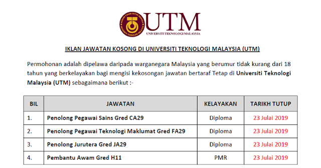 jawatan kosong utm