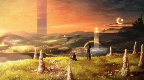A wide scenery shot of grassy plateau islands floating in the air dotted with rocks and water springs with a deep orange sunset backdrop