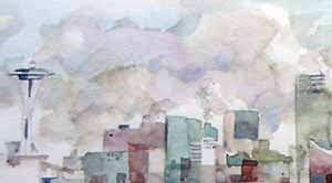 Downtown Seattle in September Fog, a watercolor sketch by Susan K. Miller