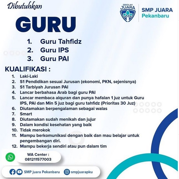 SMP Juara Membuka Loker Sebagai Guru Thafids, IPS dan PAI