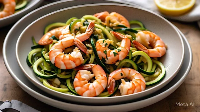 Quick shrimp scampi with healthy zucchini noodles, garlic, and herbs in a white bowl.
