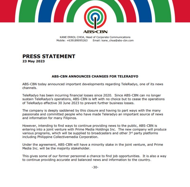 ABS-CBN’s statement on the matter