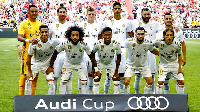 REAL MADRID C. F. Temporada 2019-20. Keylor Navas, Sergio Ramos, Toni Kroos, Varane, Benzema, Eden Hazard. Lucas Vázquez, Marcelo, Rodrygo, Carvajal y Luka Modric. REAL MADRID C. F. 0 TOTTENHAM HOTSPUR F. C. 1 Martes 30/07/2019, 18:00 horas. Torneo amistoso Audi Cup, semifinal. Múnich, Alemania, Allianz Arena: 45.000 espectadores. GOLES: 0-1: 22’, Harry Kane.