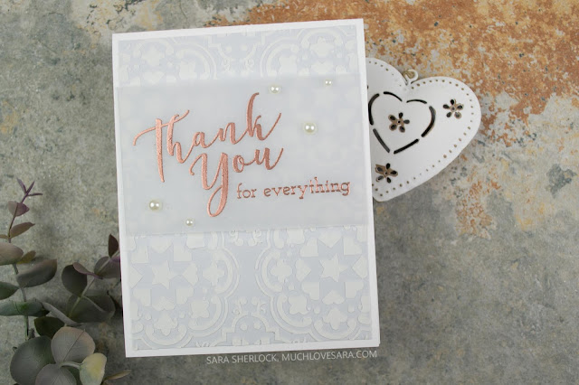 This pretty, and simple, thank you card was created using Fun Stampers Journey Many Thanks ATS, and Cement Tile Stencil.  