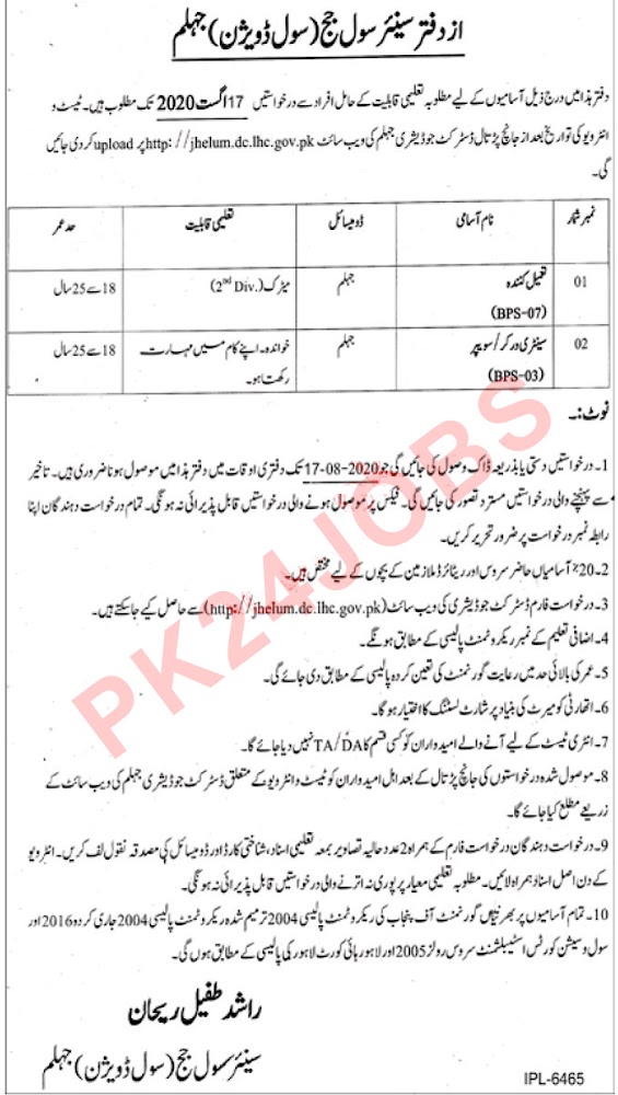 Civil Court Jhelum Jobs 2020 Ad / Advertisement