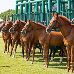 Young horses lined up at the starting gate, ready to race.