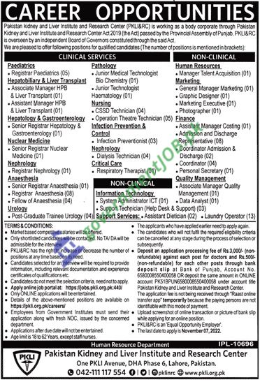 PKLI Lahore Jobs 2022 – Pakistan Kidney & Liver Institute