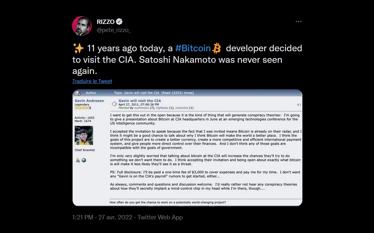 وفي نفس السياق،شارك Pete Rizzo لقطة شاشة لمنتدى bitcointalk.org. تمت كتابة المنشور المعني بواسطة Gavin Andresen، أحد مطوري Bitcoin المحددين.
