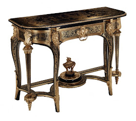 André-Charles Boulle, circa 1705, Oak carcase; sycamore, holly, fruitwood, purple heart and other wood veneer; marble top; gilt bronze mounts.