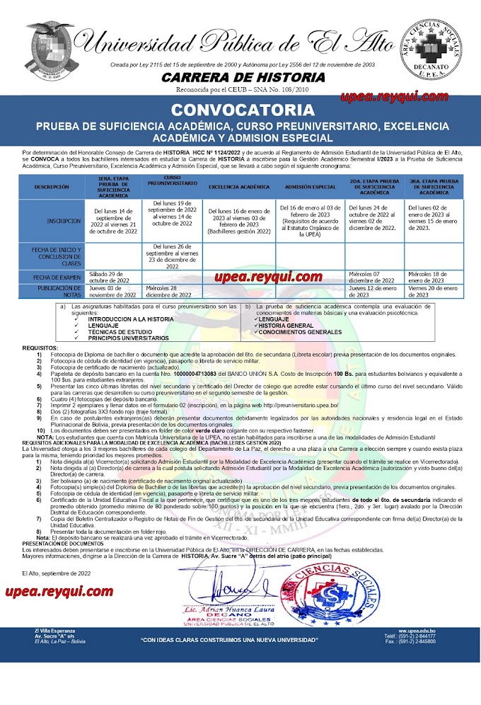 Historia UPEA I/2023: Convocatoria para la Prueba de Suficiencia Académica, Curso Preuniversitario, Excelencia Académica y Admisión Especial