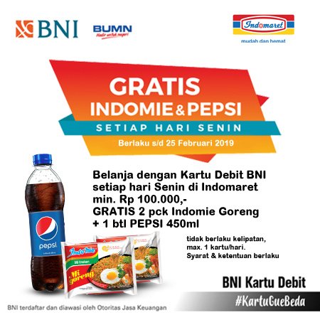 #Indomaret - Promo Gratis Indomie & Pepsi Setiap SENIN Bayar Pakai BTN (s.d 25 Jan 2019)