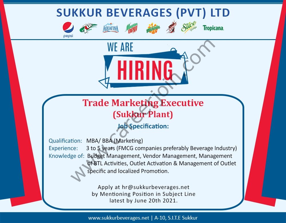 Sukkur Beverages Pvt Ltd Jobs Trade Marketing Executive