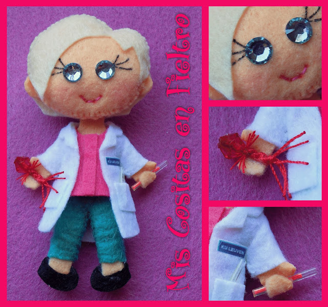 broche de fieltro, broche en fieltro, fieltro broche, broche, fieltro, felt, regalo, pin, Monigota, muñeca de fieltro, felt doll, bióloga, biólogo, biología, virus, bacteriófago