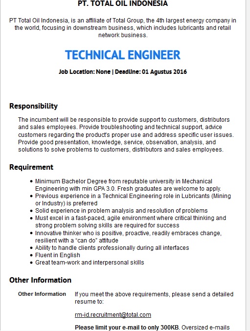 Lowongan Kerja Terbaru PT Total Oil Indonesia Agustus 2016 