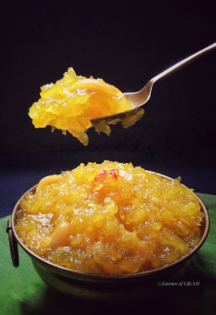 "A serving of Poosanikkai Halwa, a pumpkin-based sweet delicacy garnished with nuts, representing the richness and tradition of Tamil Muslim weddings."