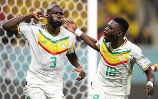 Senegal captain Kalidou Koulibaly celebrates goal at the FIFA World Cup 2022 in Qatar with teammate