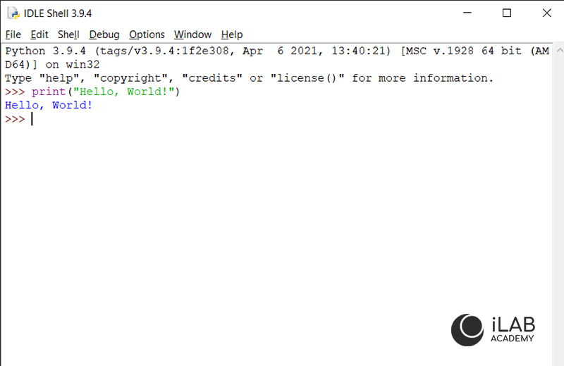 Python Interpreter, First Hello World Program iLabAcademy