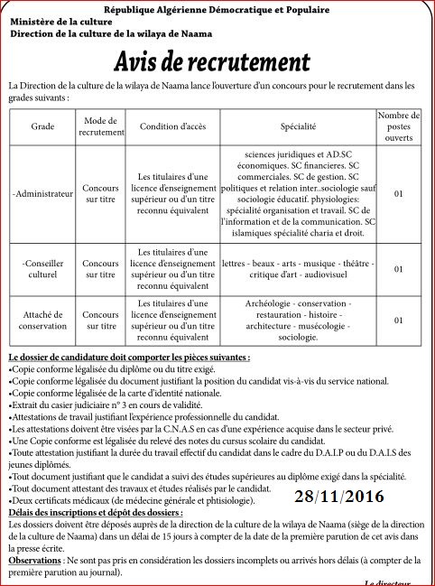 إعلان مسابقة توظيف بمديرية الثقافة لولاية النعامة