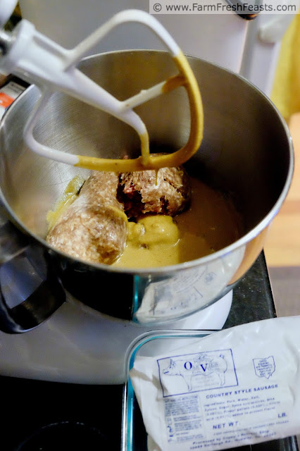 mixing pork sausage with sugar and eggs to make sweet sausage bread