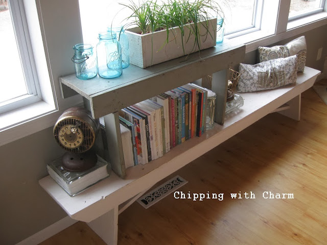 Chipping with Charm:  Stacked Bench Bookshelf...http://www.chippingwithcharm.blogspot.com/