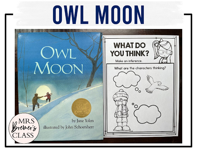 Owl Moon book activities unit with literacy printables, reading companion activities, lesson ideas, comprehension worksheets for winter in First Grade and Second Grade
