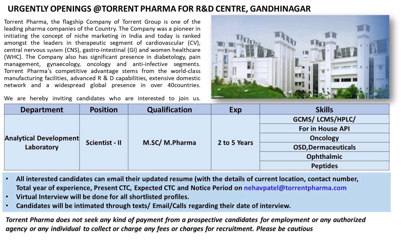 Job Availables,Torrent Pharma Job Vacancy For MSc/ M.Pharm