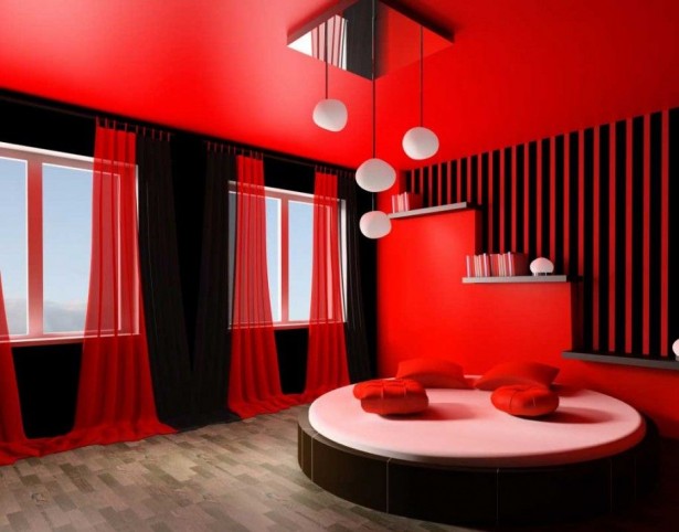 black and red curtains for beautiful bedroom with round queen bedset