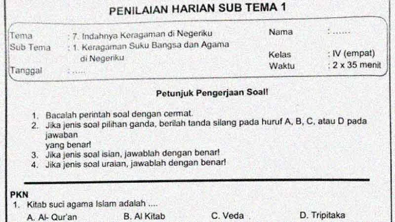 Soal Penilaian Harian Kelas 4 Tema 7 Subtema 1