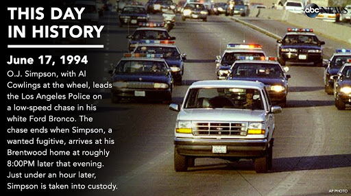 22 years ago today O.J. Simpson led the LA Police on a low-speed chase in a white Ford Bronco.