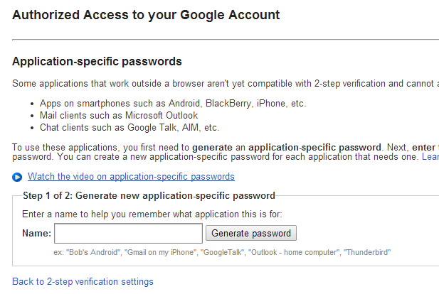 Google Application-specific passwords