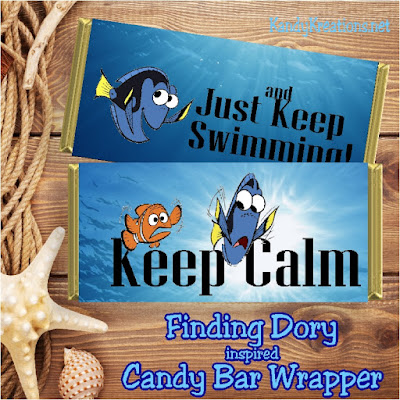 Keep calm and Just Keep Swimming!  What a fun candy bar wrapper for a Finding Nemo or Finding Dory party.  Or wouldn't the kids just love it when we go to see the movie? This free printable is quick, easy, and super, super cute.