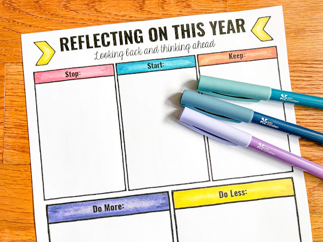 Photo of "Reflecting On This Year" worksheet and colorful pens.