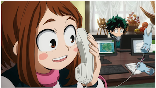 Uraraka, Izuku and Hagakure answering phones at their agency.