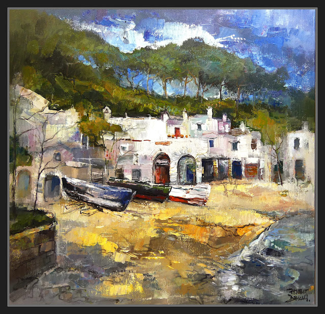 PALAMOS-CALA S'ALGUER-ART-PINTURA-PAISATGES-COSTA BRAVA-PLATJA-CASES-BARQUES-PESCADORS-ARTISTA-PINTOR-ERNEST DESCALS