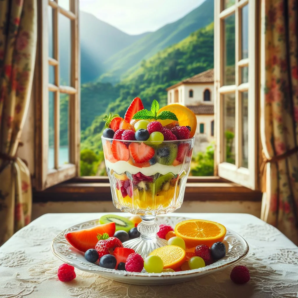 plato de coctel de frutas frente a una ventana con vista al campo