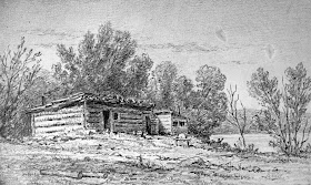 Climbing My Family Tree: Drawing of Log Shanty, Ontario CA by William Harlow White. 1875. 