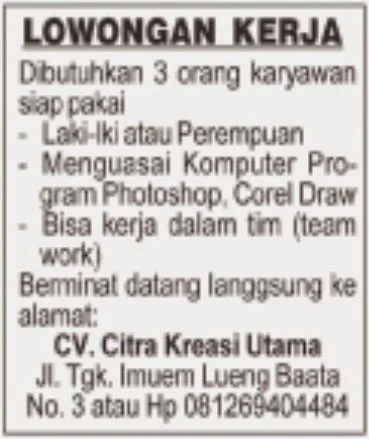 Lowongan Kerja CV. Citra Kreasi Utama