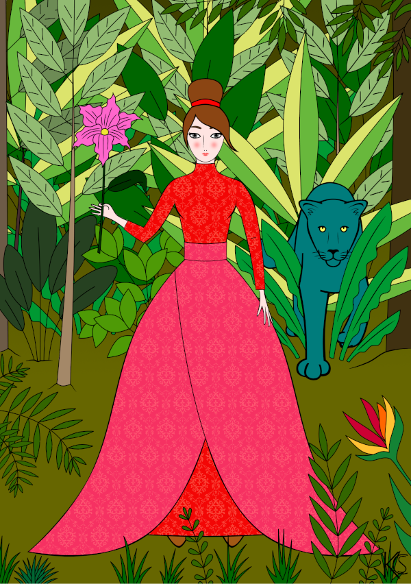 piros-ruhás-lány-virággal-és-fekete-párduccal-a-dzsungelben