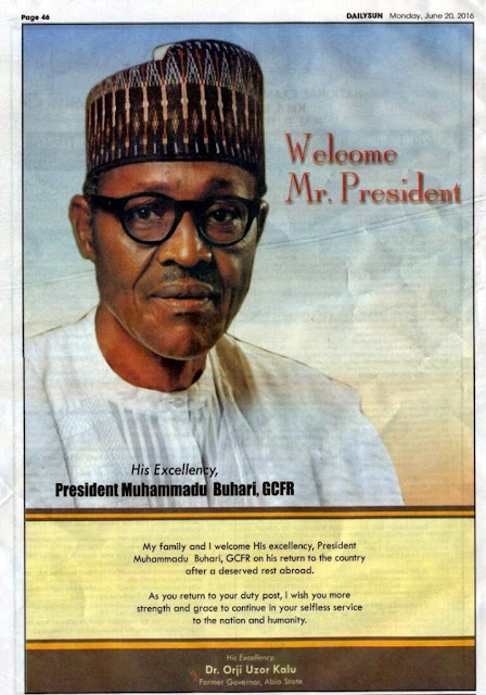 EXTRA: Kalu welcomes Buhari with newspaper advert