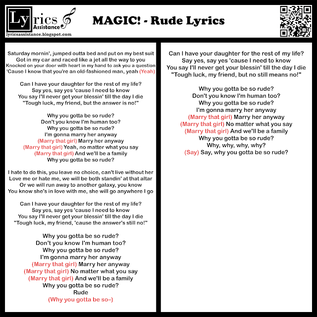 MAGIC! - Rude Lyrics | lyricsassistance.blogspot.com