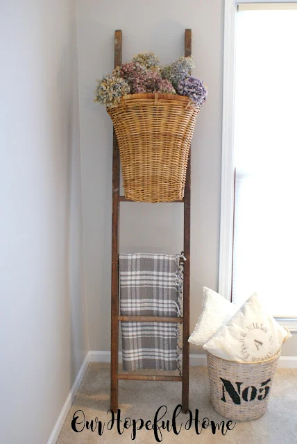 vintage ladder Fench wall basket dried hydrangeas blanket