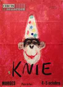 tête de chimpanzé  sur fond rouge dessiné par Herbert Leupin