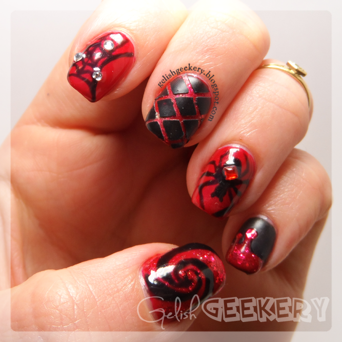 Gelish Black & Red Halloween Spider Mani. Gelish Colors: Black Shadow, Backstage Beauty, Life of the Party, and Matte Top It Off